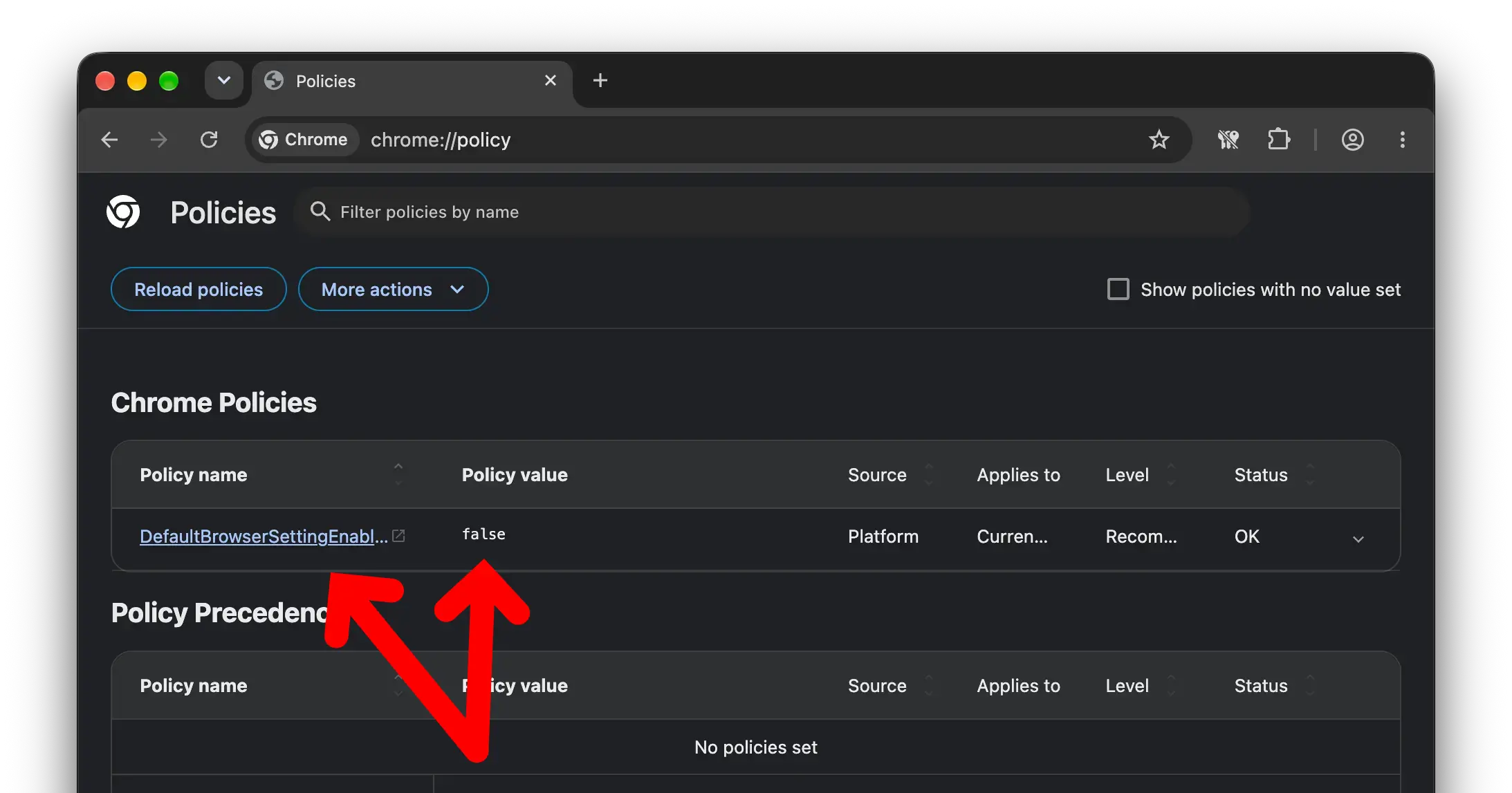 Google Chrome on Mac policy viewer with active setting to block default browser checks.