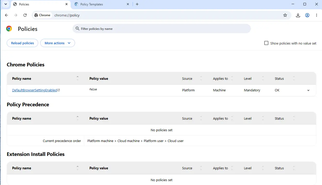Google Chrome on Mac policy viewer with active setting to block default browser checks.